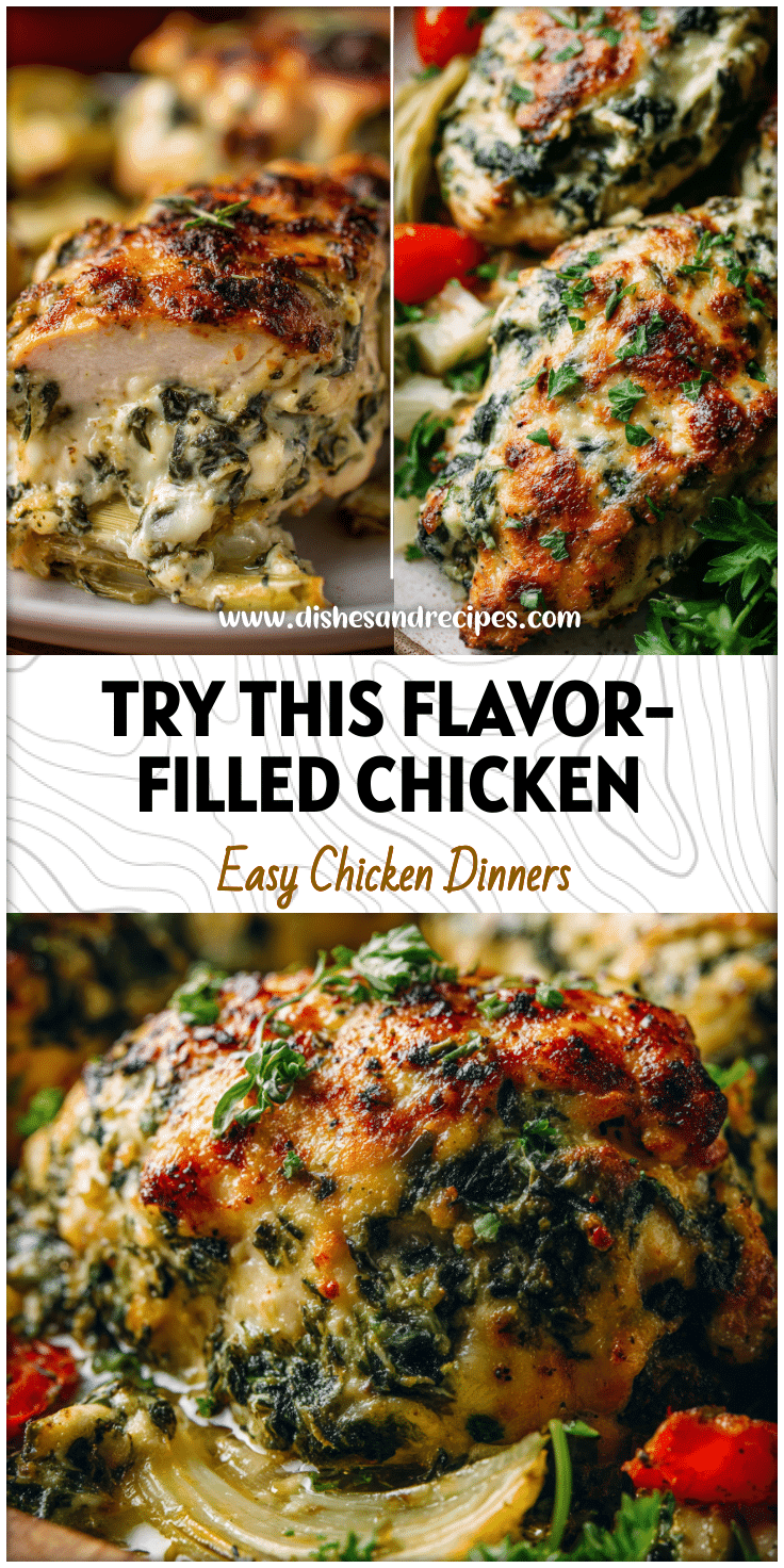 Close-up of oven baked spinach artichoke stuffed chicken on a serving plate with vegetables and herbs.